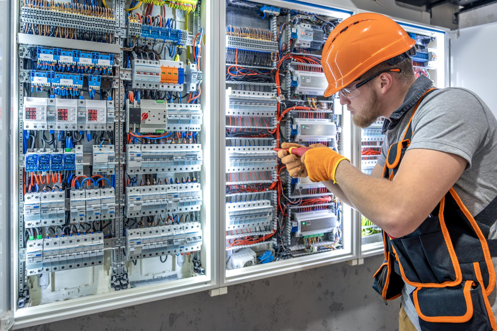 Commercial electrician installing breaker panel